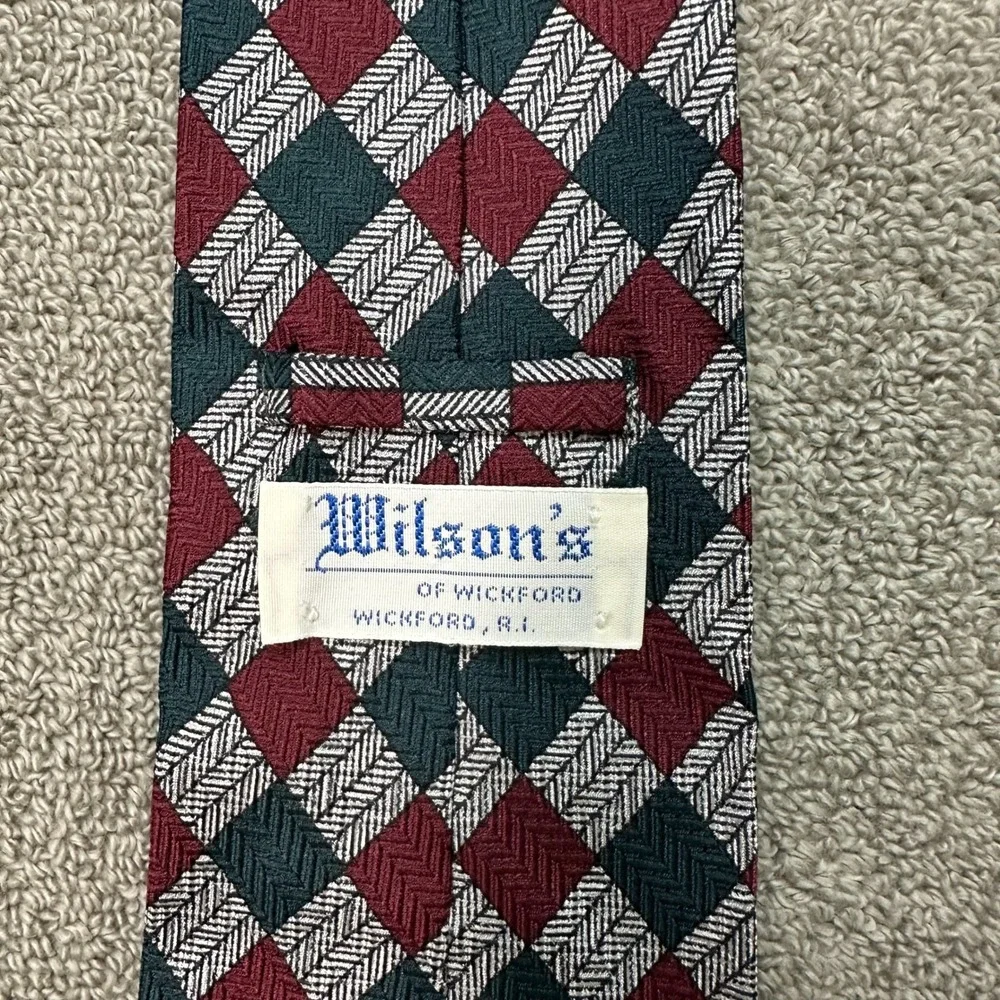 Echo Mens Silk Tie Burgundy Green Silver Harlequin Diamond Herringbone Vintage
